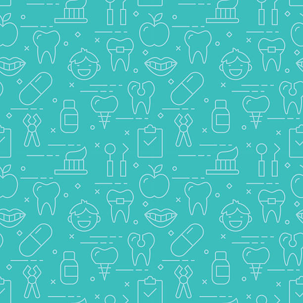 현대적이다 여윔 꺾은선형 아이콘 연속무늬 치과 의료에 대한 - hygiene dental hygiene human teeth child stock illustrations