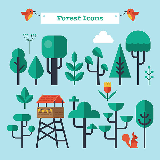 ilustrações de stock, clip art, desenhos animados e ícones de árvores de floresta moderno conjunto de ícones plana - gardening single flower house flower