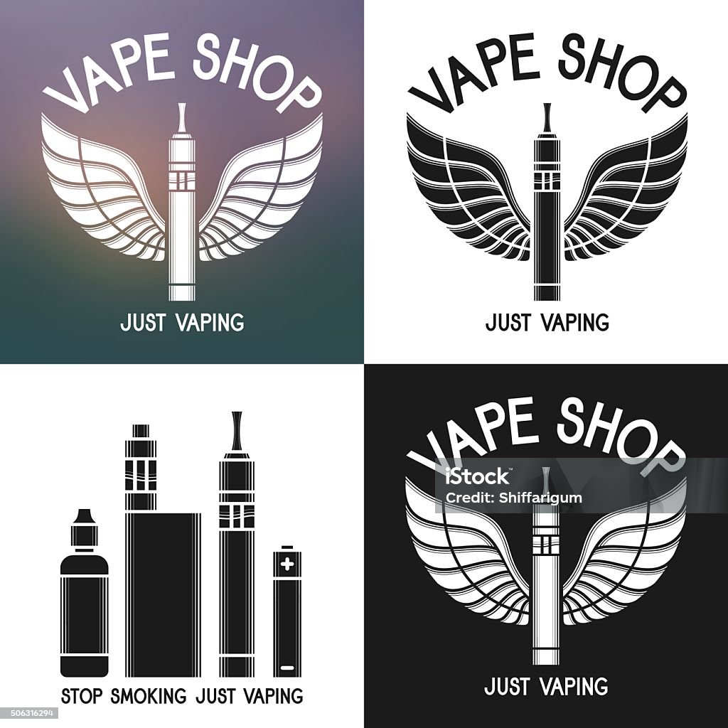 Vape shop logo. Icons e-cigarette and accessories Isolated on blurred, white and dark background Animal Body Part stock vector