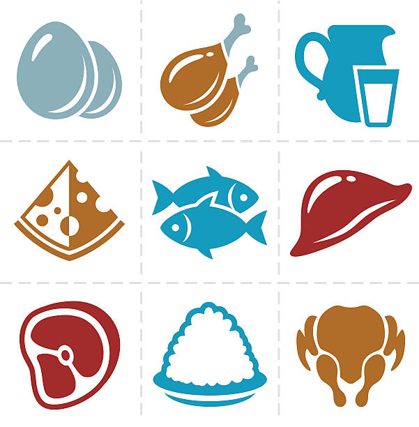 animal foods icon set Collection of nine simple vector icons. Animal products theme. animal liver stock illustrations