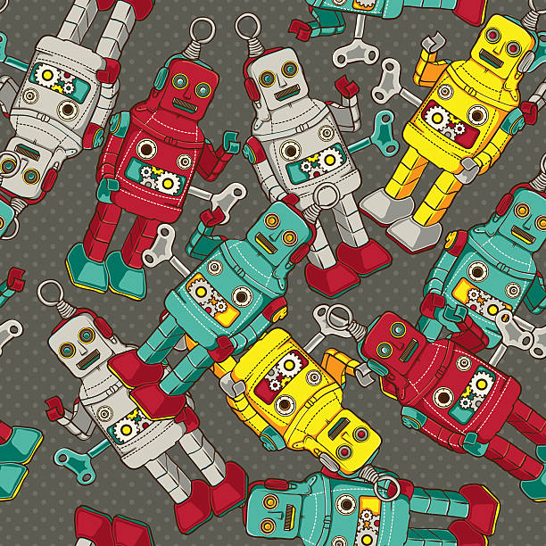 ilustrações, clipart, desenhos animados e ícones de robô coloridos vintage/retro padrão sem emendas, ilustração vetorial - robot manga style cute characters