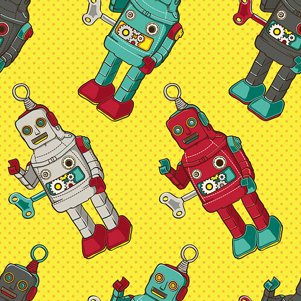 ilustrações, clipart, desenhos animados e ícones de robô coloridos vintage/retro padrão sem emendas, ilustração vetorial - robot manga style cute characters