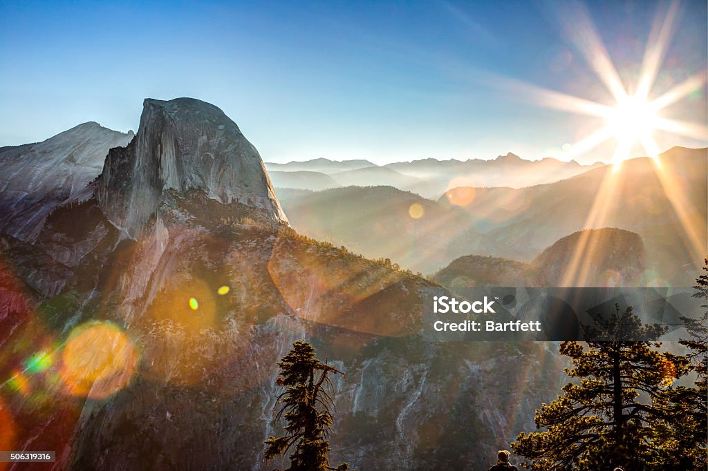 Sun Rising on Half Dome Yosemite National Park, California Mountain Stock Photo