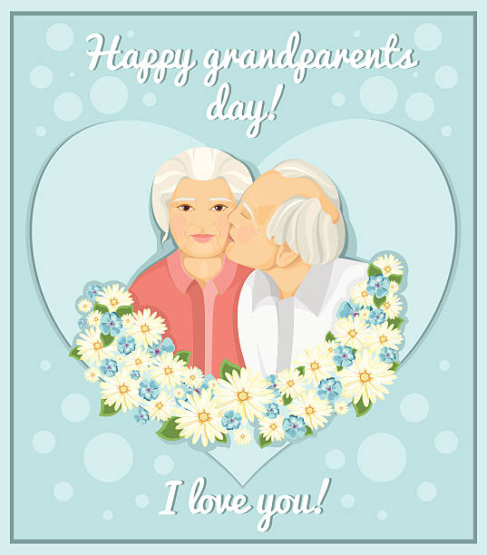 공유일 카드. 조부모 있습니다. 기혼 커플입니다. 조모 및 조부. 있습니다. - senior adult grandmother grandfather cards stock illustrations