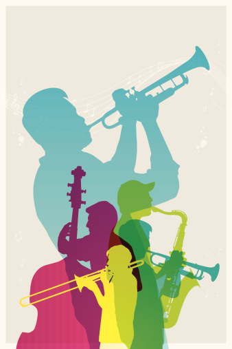 Colourful jazz band. EPS10. This illustration contains transparent and blending mode objects. Included files; Aics3 and Hi-res jpg.