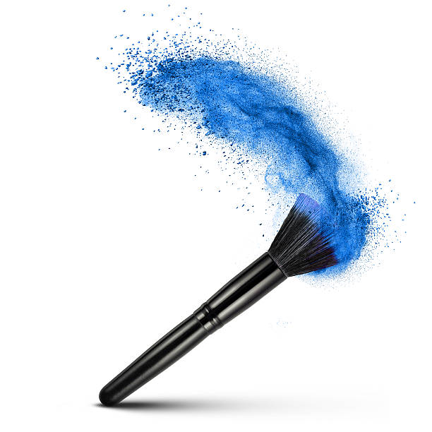 trucco pennello con polvere isolato blu - make up brush make up isolated cosmetics foto e immagini stock