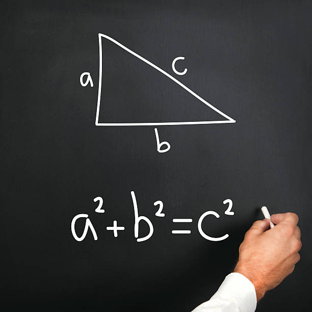 Pythagorean theorem on blackboard Unrecognizable male Caucasian writing Pythagorean theorem on blackboard. pythagoras stock pictures, royalty-free photos & images
