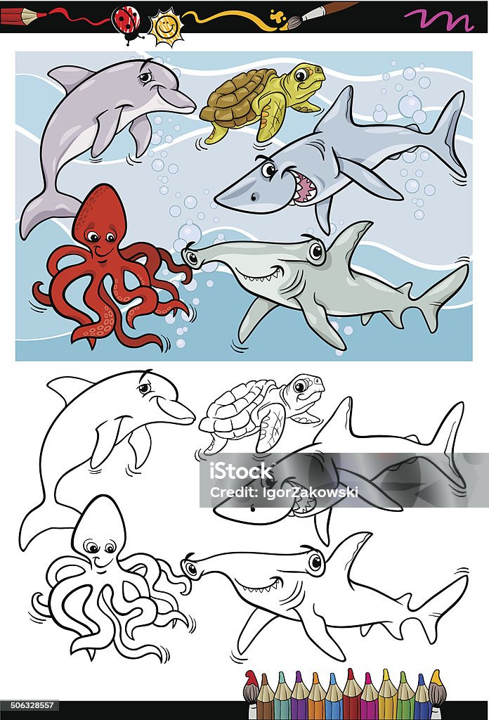sea life animals cartoon coloring book Coloring Book or Page Cartoon Illustration of Black and White Funny Sea Life Animals and Fish Characters for Children Black Color stock vector