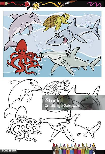 Sea Life Animals Cartoon Coloring Book Stock Illustration - Download Image Now - Black Color, Sea Life, White Color