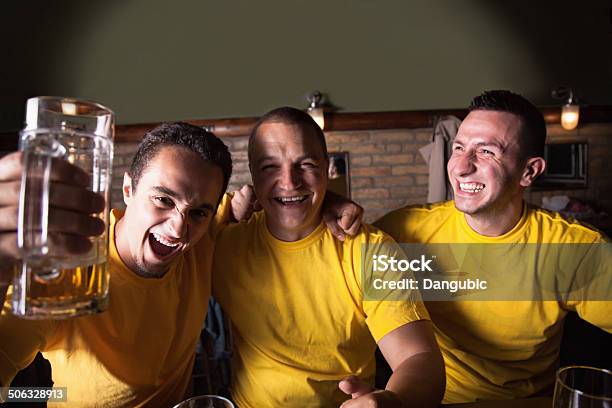 Sport Fans In Pub Stock Photo - Download Image Now - 20-29 Years, Adult, Adults Only