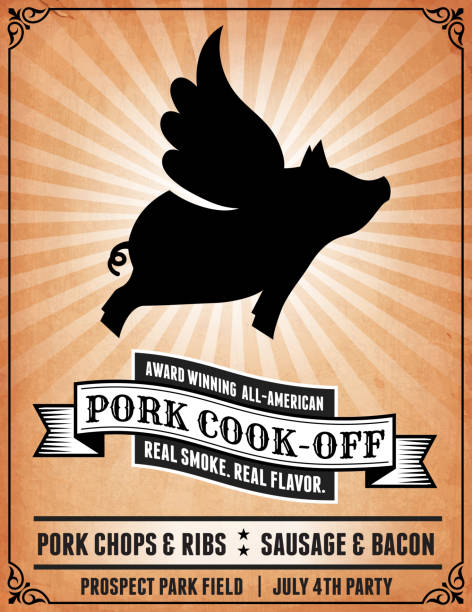 Pork Cook - Off Party Poster royalty-free vector Background Pork Cook - Off Party Poster on Grunge Background pig silhouettes stock illustrations