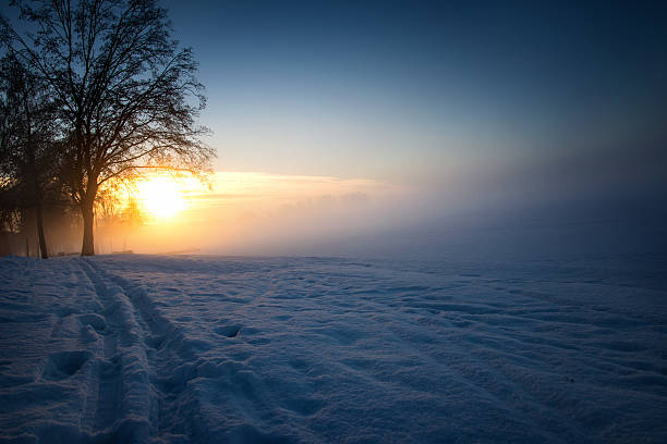 invierno lago salidal del sol sobre costa - masuren fotografías e imágenes de stock