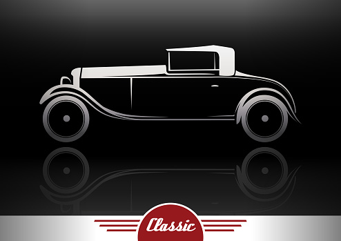 Classic retro style vehicle vintage motor car silhouette design with reflection on black background. Vector illustration.