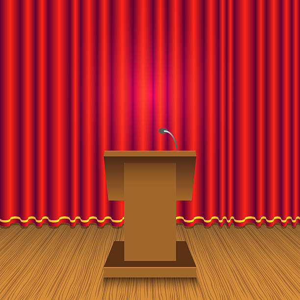 Podium on stage Podium infront of red curtain wall on stage cutain stock illustrations