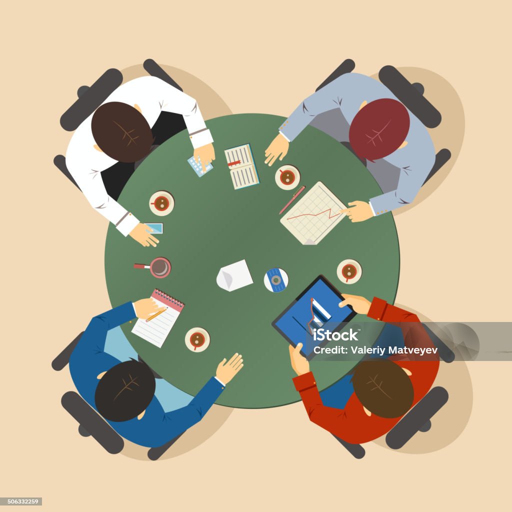 Businesspeople having a meeting Vector illustration of a group of four businesspeople having a meeting seated around a table in a team discussion and brainstorming session viewed from above Adult stock vector