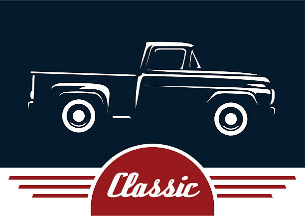 Classic pickup truck motor vehicle silhouette design Classic retro style pick-up truck motor vehicle silhouette design on dark blue background with red Classic banner. Vector illustration. truck silhouettes stock illustrations