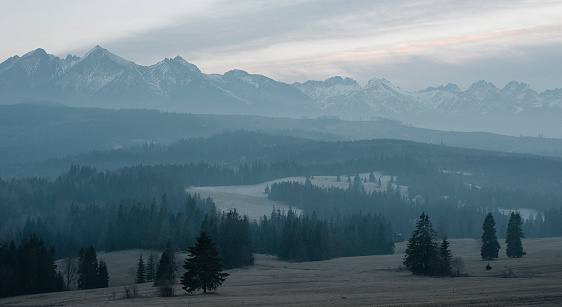 High Tatras winter sunset landscape shot in Slovakia, rather tranquil scene.