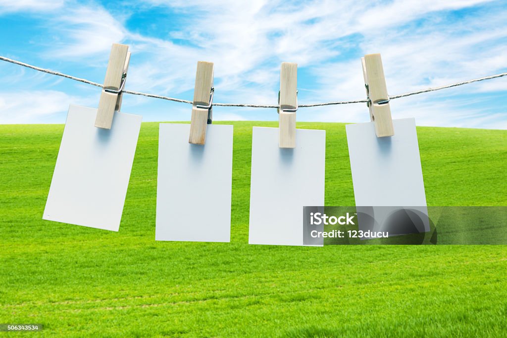 Blank Business Cards Hanging Clothesline Blank business cards with nature Agricultural Field Stock Photo