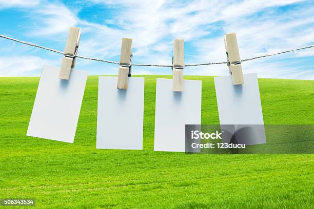 Blank Business Cards Hanging Clothesline Stock Photo - Download Image Now - Agricultural Field, Blank, Blue