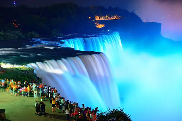 Niagara Falls lit at night by colorful lights