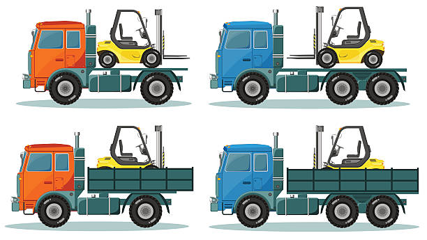 Road trucks, Vector Vector illustration in a flat style icons cargo transportation goods by road trucks, loading and unloading of goods lift trucks, varieties forklifts film trailer music stock illustrations