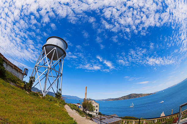 Water tower in Alcatraz island and SF bay