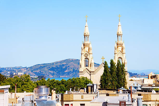 San Francisco view and Saints Peter and Paul Church in clear sky day