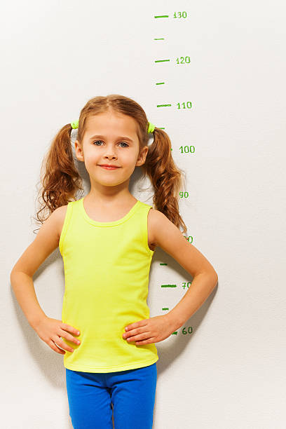 istock Little girl stand by measuring height scale 506351142