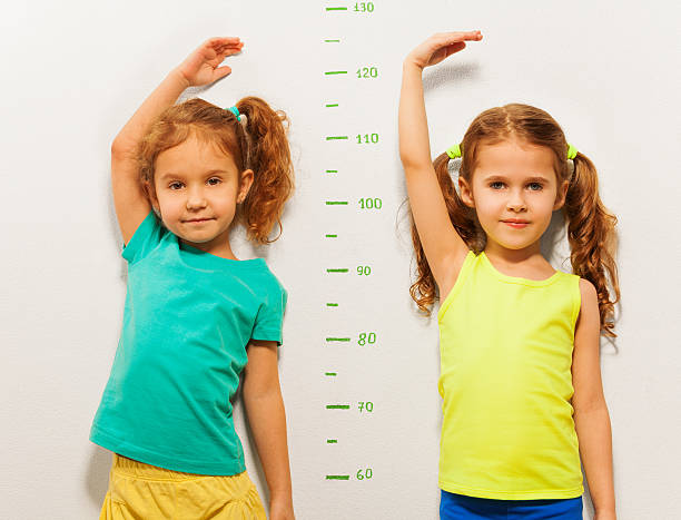 istock Two girls show height on wall scale at home 506351948
