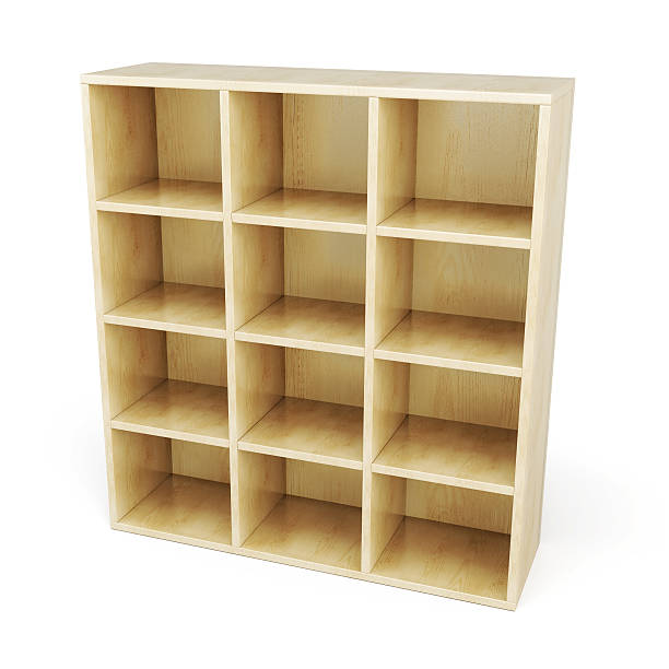 istock Wooden shelves with sections isolated on white background. 3d re 506352120