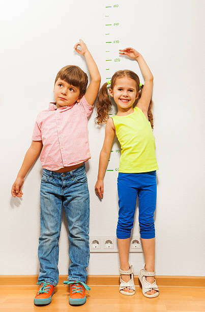 menino e uma menina verificar na parede escala de altura - measuring child instrument of measurement wall - fotografias e filmes do acervo