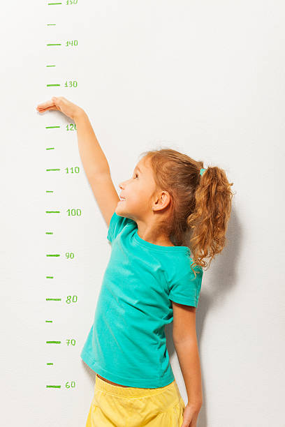 istock Little girl pretend how high she is on wall scale 506352916