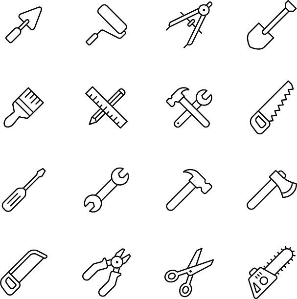 ilustraciones, imágenes clip art, dibujos animados e iconos de stock de iconos de herramientas de - wrench ruler screwdriver hammer