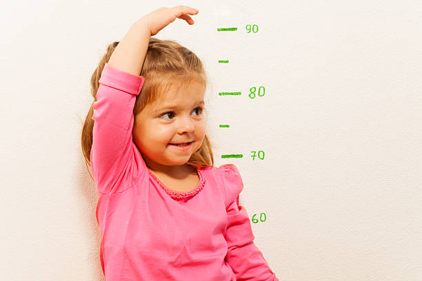 Height measurement by little girl at the wall Funny girl is measuring her height with painted graduations on the wall with her hand human height stock pictures, royalty-free photos & images