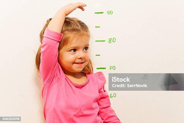 Height Measurement By Little Girl At The Wall Stock Photo - Download Image Now - Child, Growth, Human Height