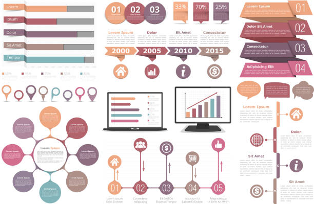 illustrations, cliparts, dessins animés et icônes de éléments de l'infographie - laptop business arrow sign flowing