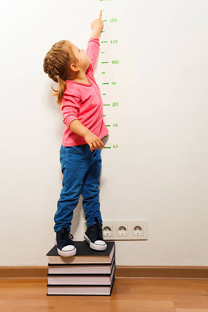 istock Girl checking height on growth chart at four books 506355714