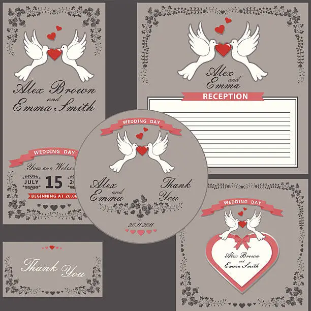 Vector illustration of Wedding design  template set.Cartoon pigeons,Floral frame