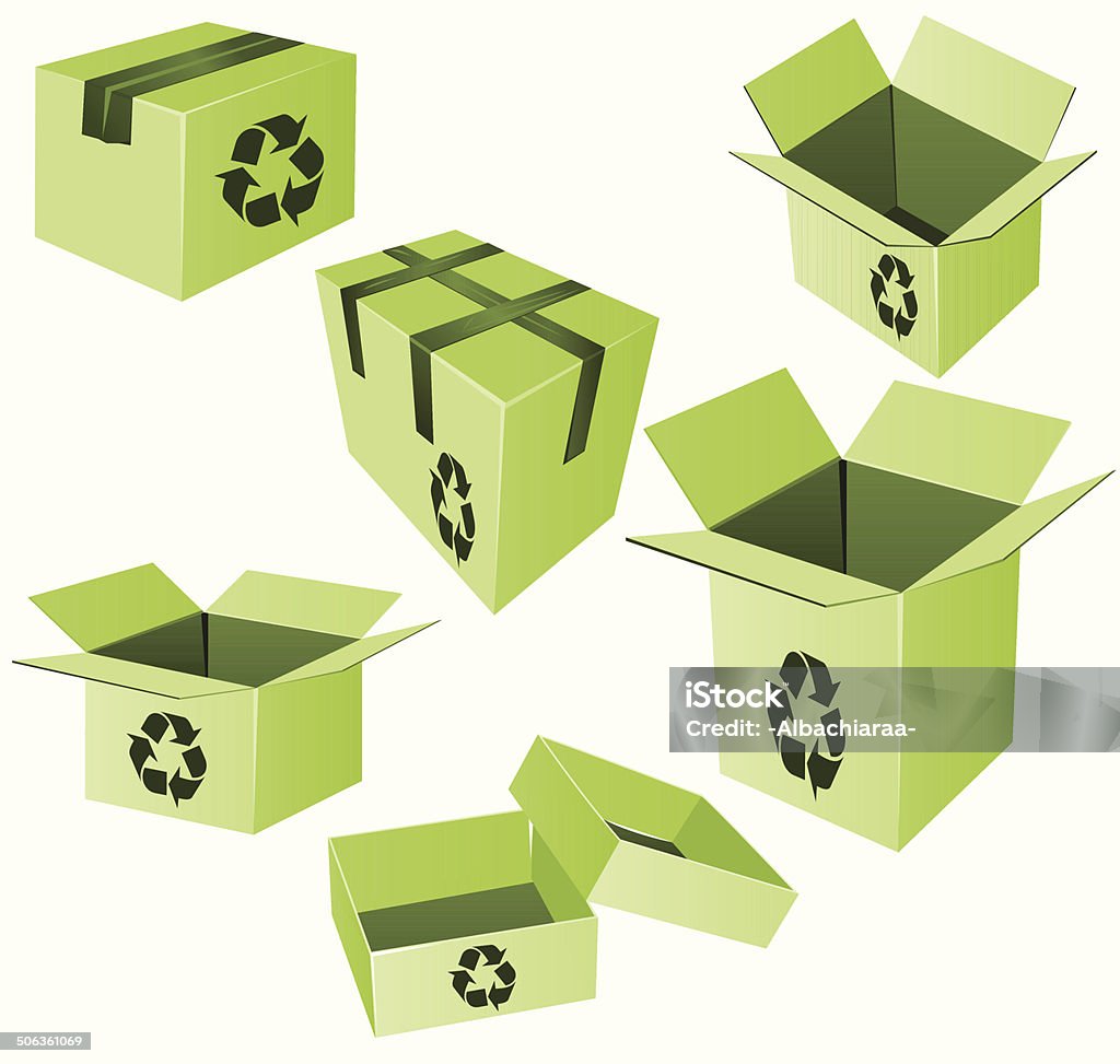 Green cajas de cartón con cartel de vector de reciclaje - arte vectorial de Desempaquetar libre de derechos