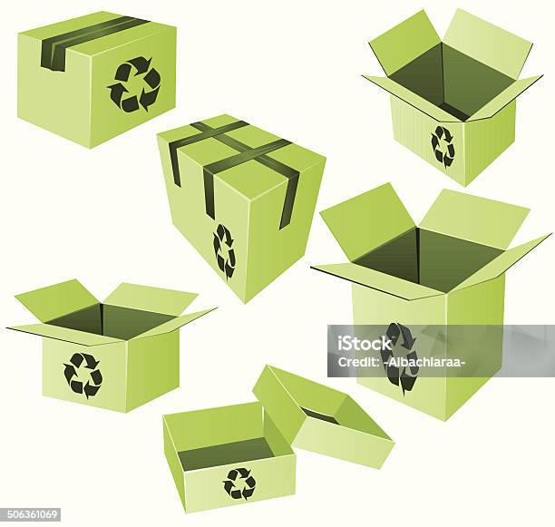 Ilustración de Green Cajas De Cartón Con Cartel De Vector De Reciclaje y más Vectores Libres de Derechos de Desempaquetar
