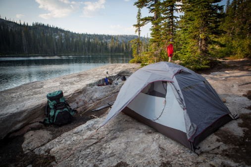 Campsite alongside an alpine lake in the Selkirk Mountains in northern Idaho.
