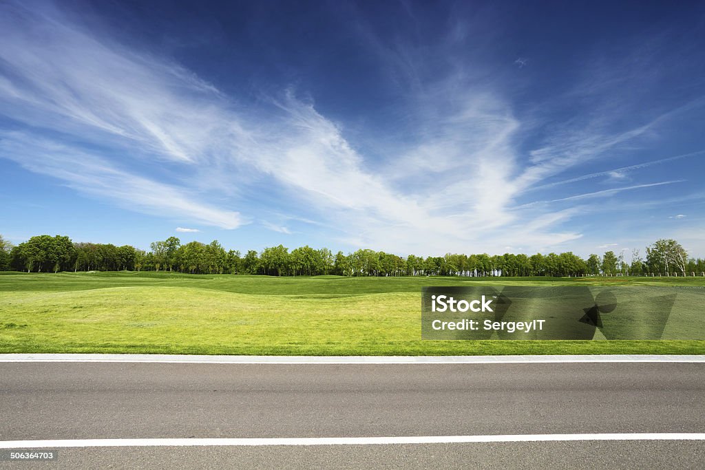 Grüne Wiese mit Bäumen und asphalt road - Lizenzfrei Straßenrand Stock-Foto