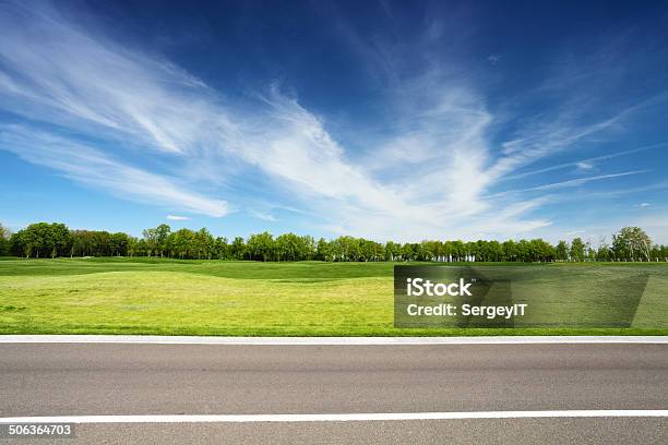 Grüne Wiese Mit Bäumen Und Asphalt Road Stockfoto und mehr Bilder von Straßenrand - Straßenrand, Landschaftspanorama, Straßenverkehr