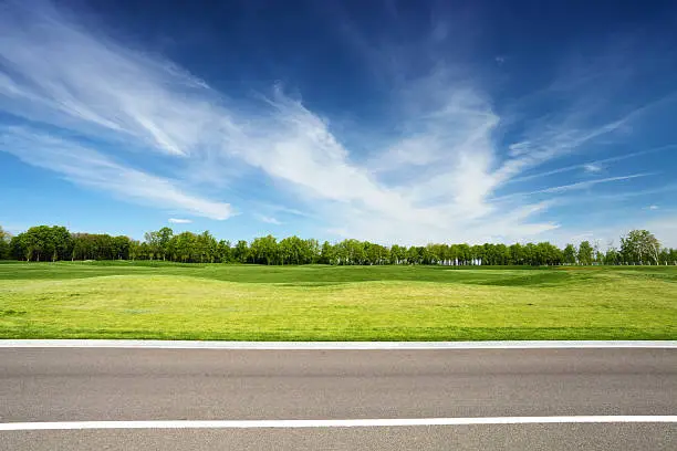 Photo of green meadow with trees and asphalt road