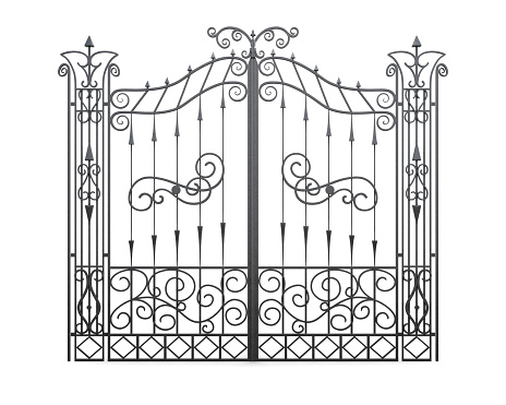 Wrought iron gate isolated on white background. Fence front view. 3d illustration.