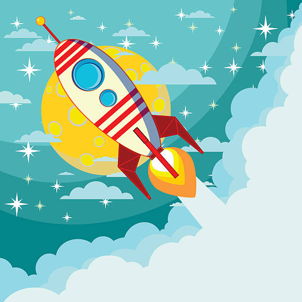 Space rocket flying in space Space rocket flying in space with moon and stars on background print vector illustration ticket clip art pictures stock illustrations
