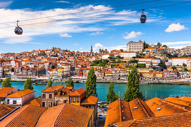 Porto, Portugal cityscape Porto, Portugal old town on the Douro River. overhead cable car photos stock pictures, royalty-free photos & images