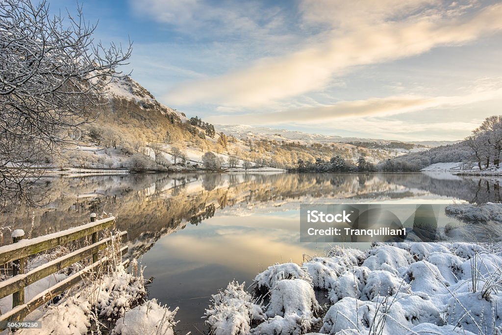 Rydal, Lake District in winter snow A beautiful still winter morning with a fresh covering of snow at Rydal Water in the Lake District UK, sunlight casting a glow upon the trees. Winter Stock Photo