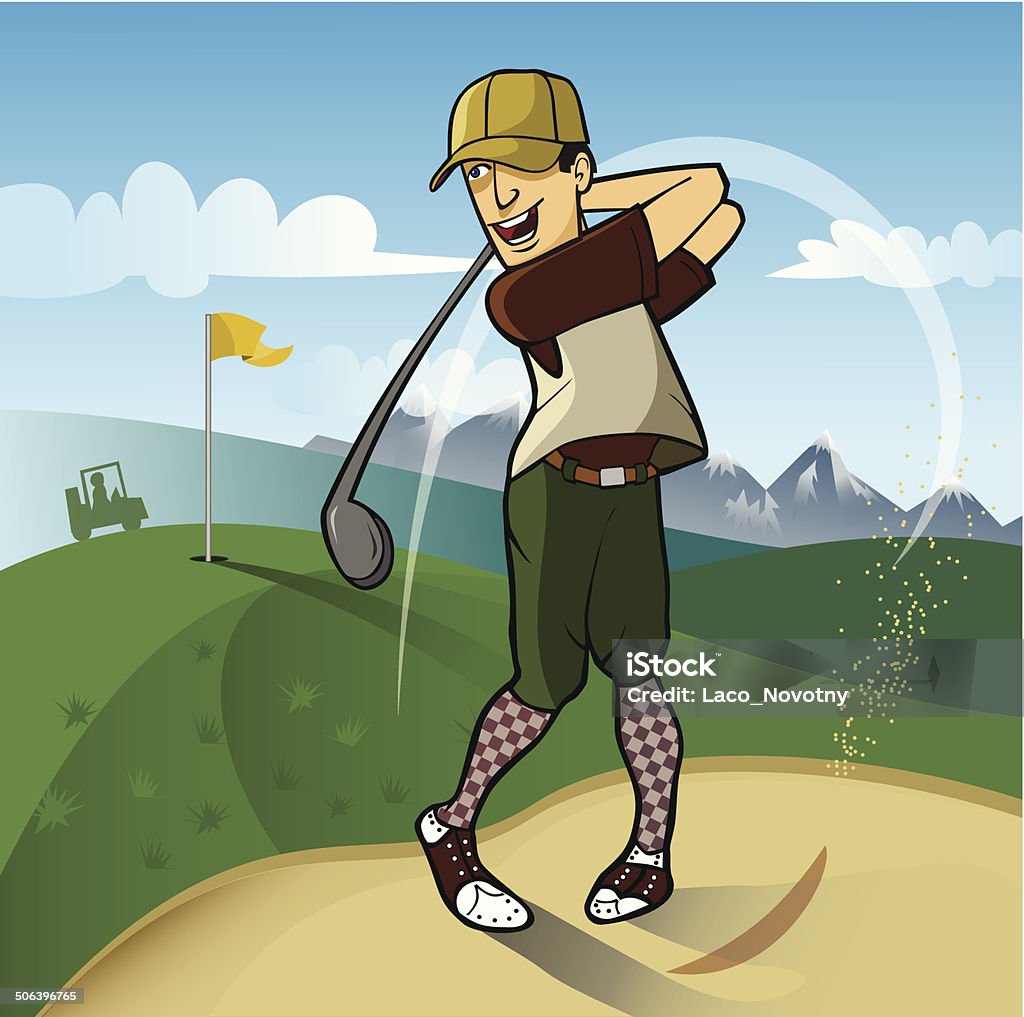 Golfer Cheerful young golfer hitting a ball on the golf curse. Silhouette of a golf cart and mountains in the background. EPS 10 file with transparent layers. Cartoon stock vector