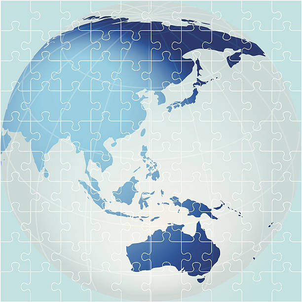 ilustraciones, imágenes clip art, dibujos animados e iconos de stock de puzzle.  global, oceanía vista - asia jigsaw puzzle map cartography